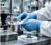 Gloved technician operating medical manufacturing equipment