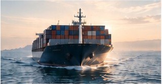Container ship moving through open water at sunrise